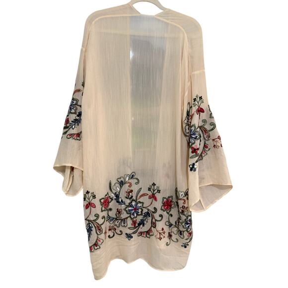 Boho Embroidered Kimono Duster OS Open Front Floral Long Sleeve Cardigan Jacket - Picture 5 of 6